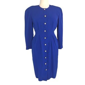 Ms Chaus Button Front Sheath Career Midi Dress Long Sleeves Sz 14 Sapphire Blue